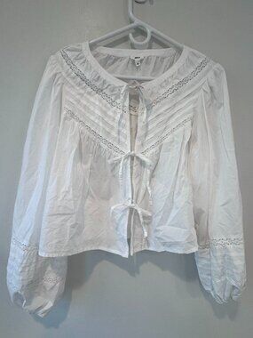 Aerie Lace Trim Tie Front Blouse – White – Size L 🤍🔥